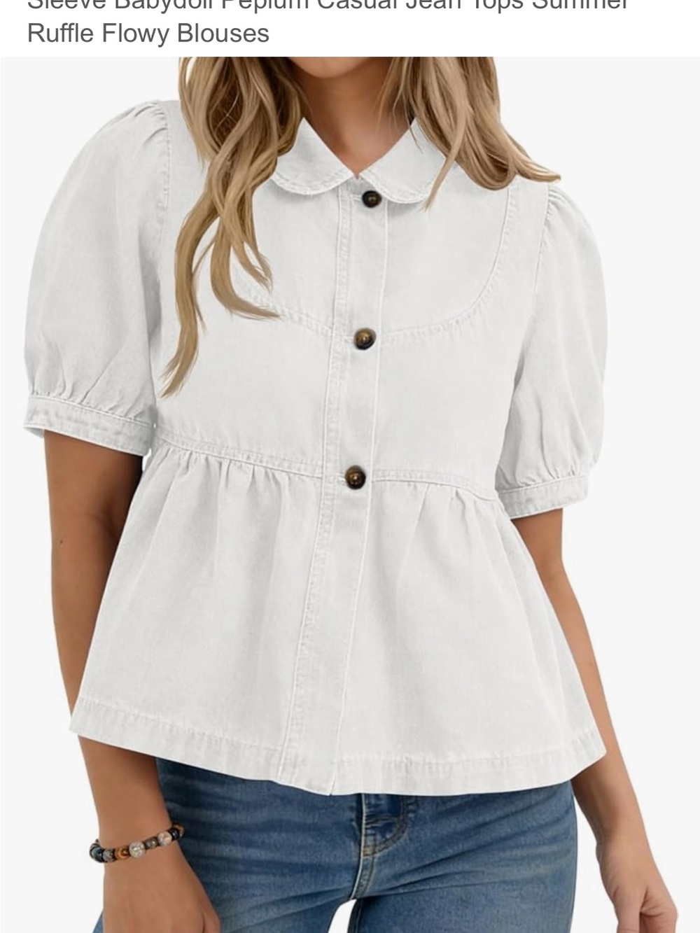 Womens button down denim shirt puff sleeve babydoll casual jean top- cream